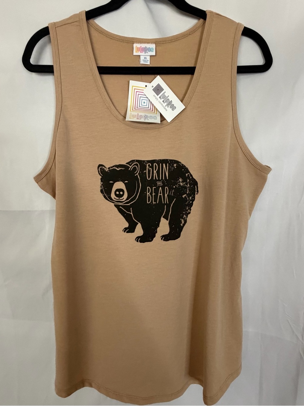 Lularoe “Grin & Bear It” Tan Colored Tank Top XL Graphic Shirt Mama Bear NWT